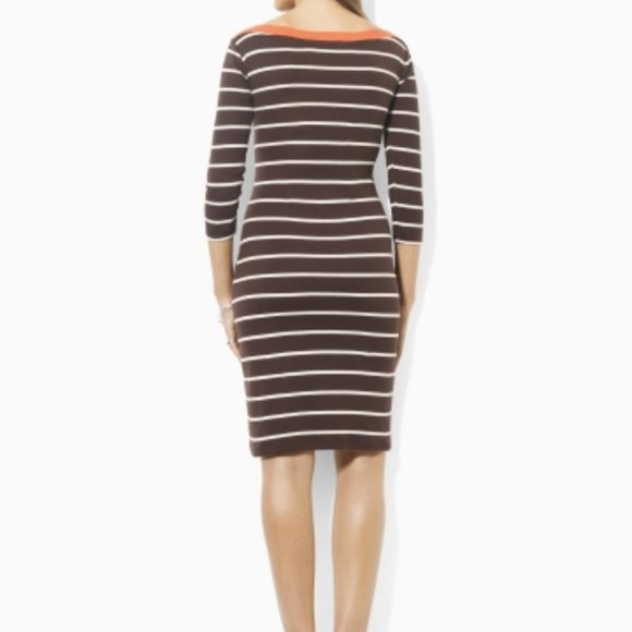 Ralph Lauren 100% Cotton Jersey Striped Dress M Brown Orange Boat Neck New - Picture 2 of 4